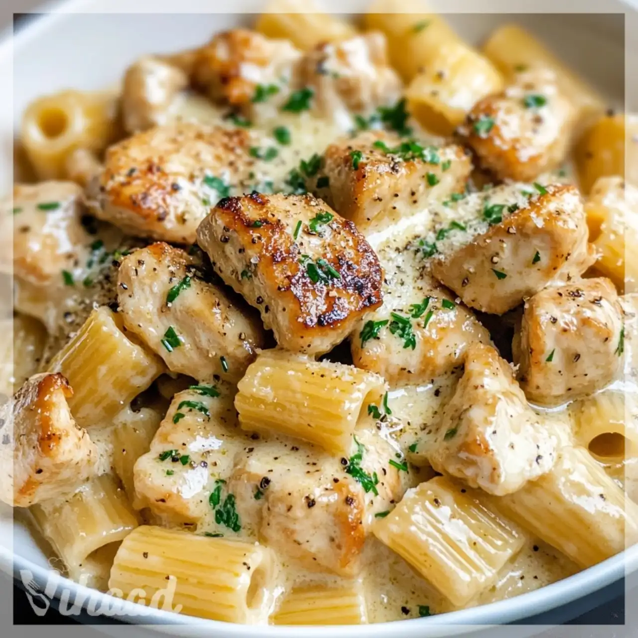 Creamy Garlic Butter Chicken and Rigatoni in Parmesan Sauce