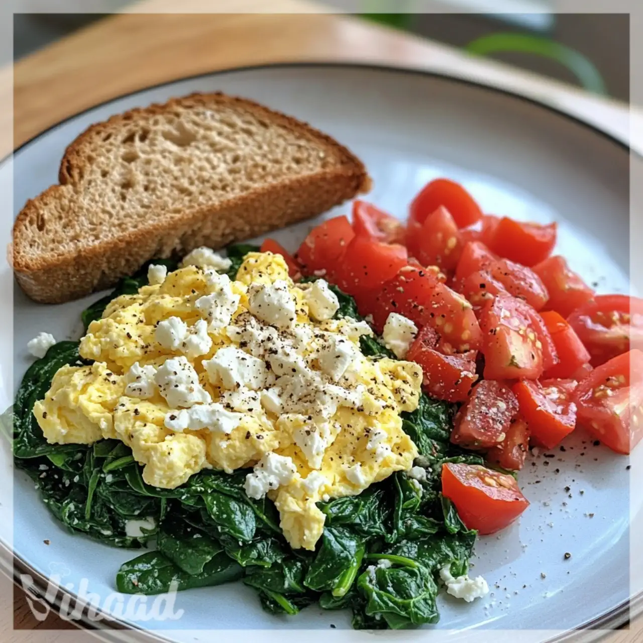 Scrambled Eggs with Spinach and Feta on Whole Grain Toast