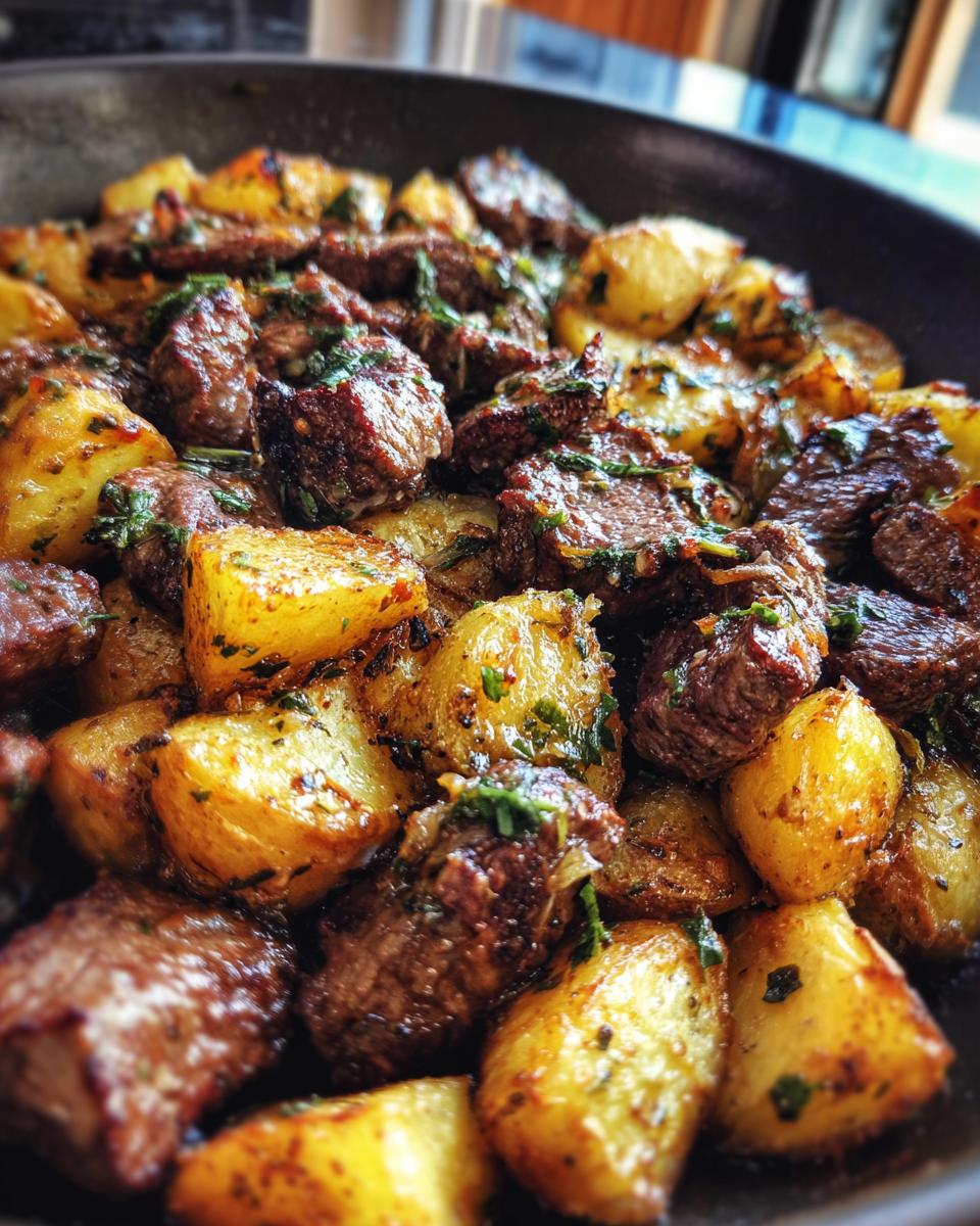 butter steak bites with garlic herb potatoes