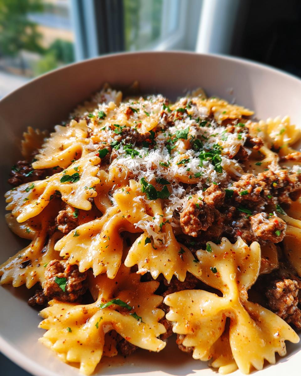 creamy beef and bowtie pasta - detail 1
