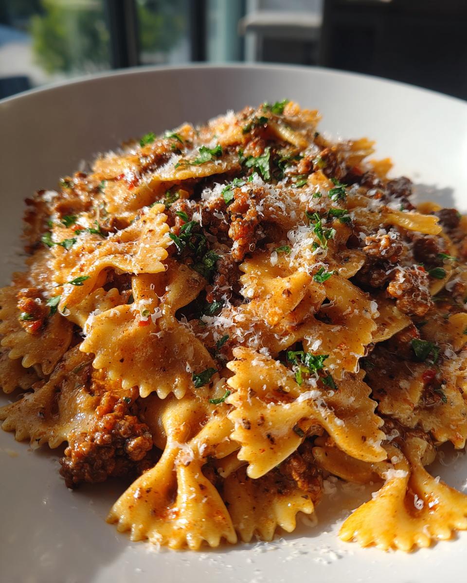 creamy beef and bowtie pasta