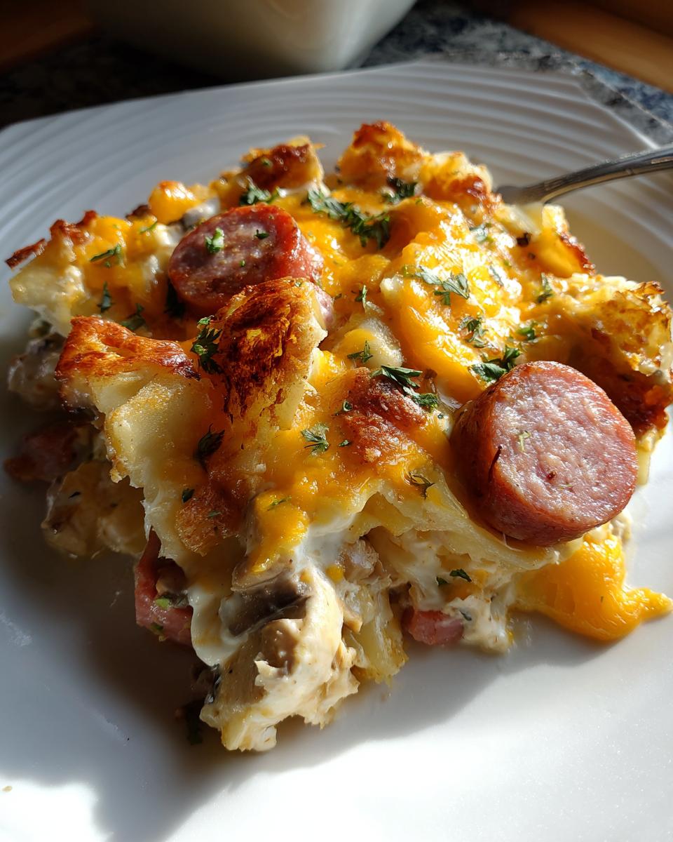 crockpot pierogi casserole with kielbasa - detail 1