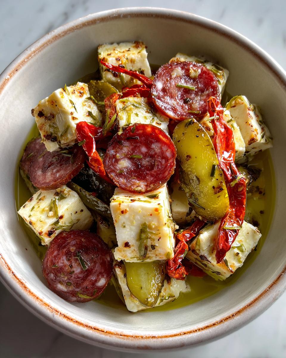 easy marinated cheese appetizer with salami pickles - detail 1