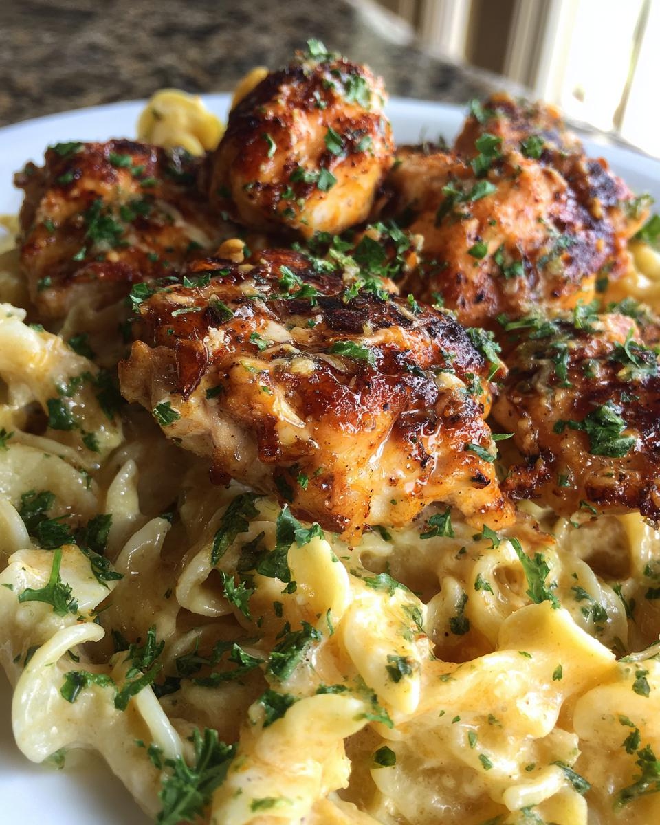 garlic butter chicken bites with creamy parmesan pasta recipe - detail 1