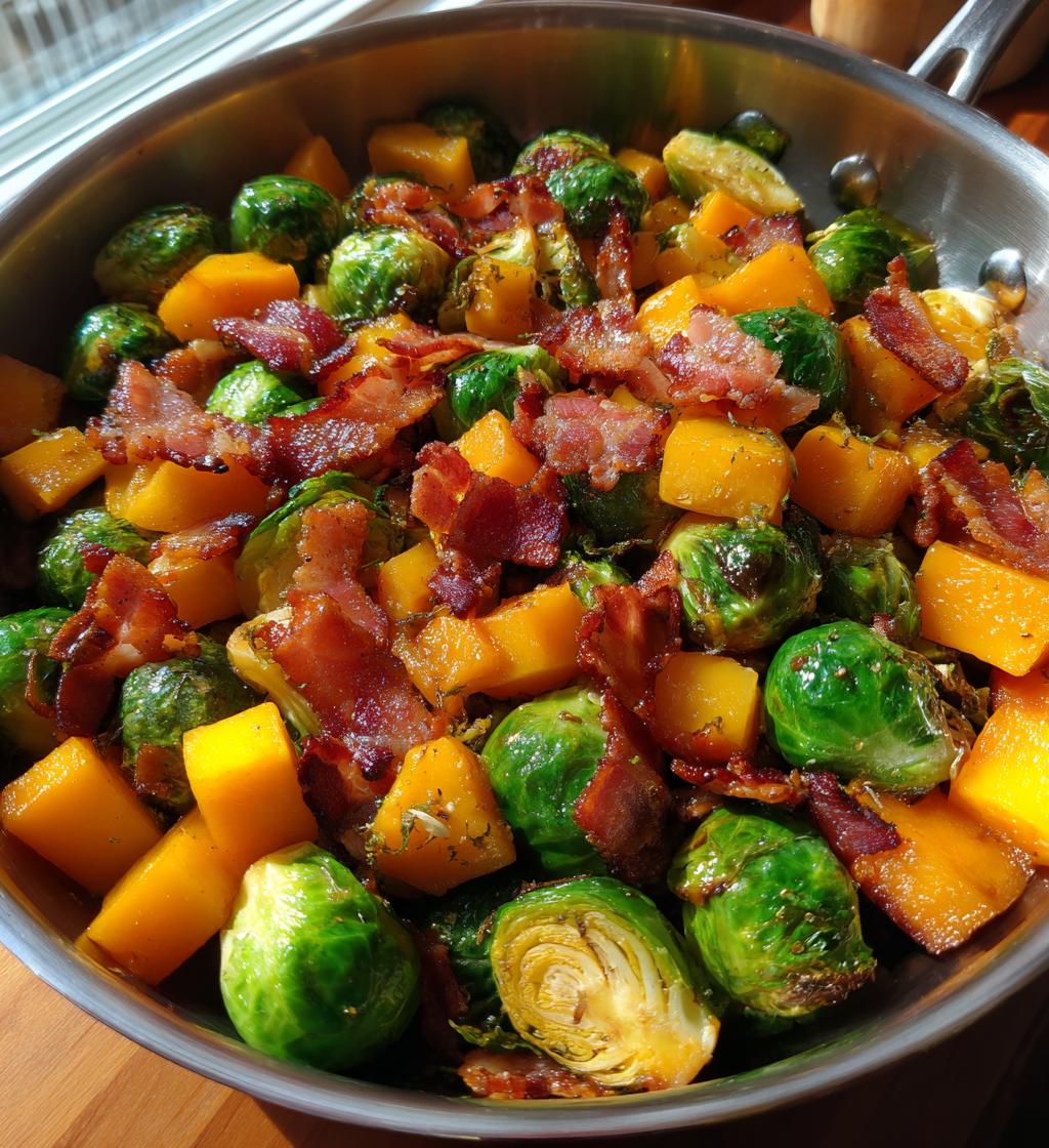 maple glazed brussels sprouts and butternut squash with bacon - detail 1