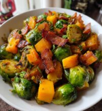 maple glazed brussels sprouts and butternut squash with bacon