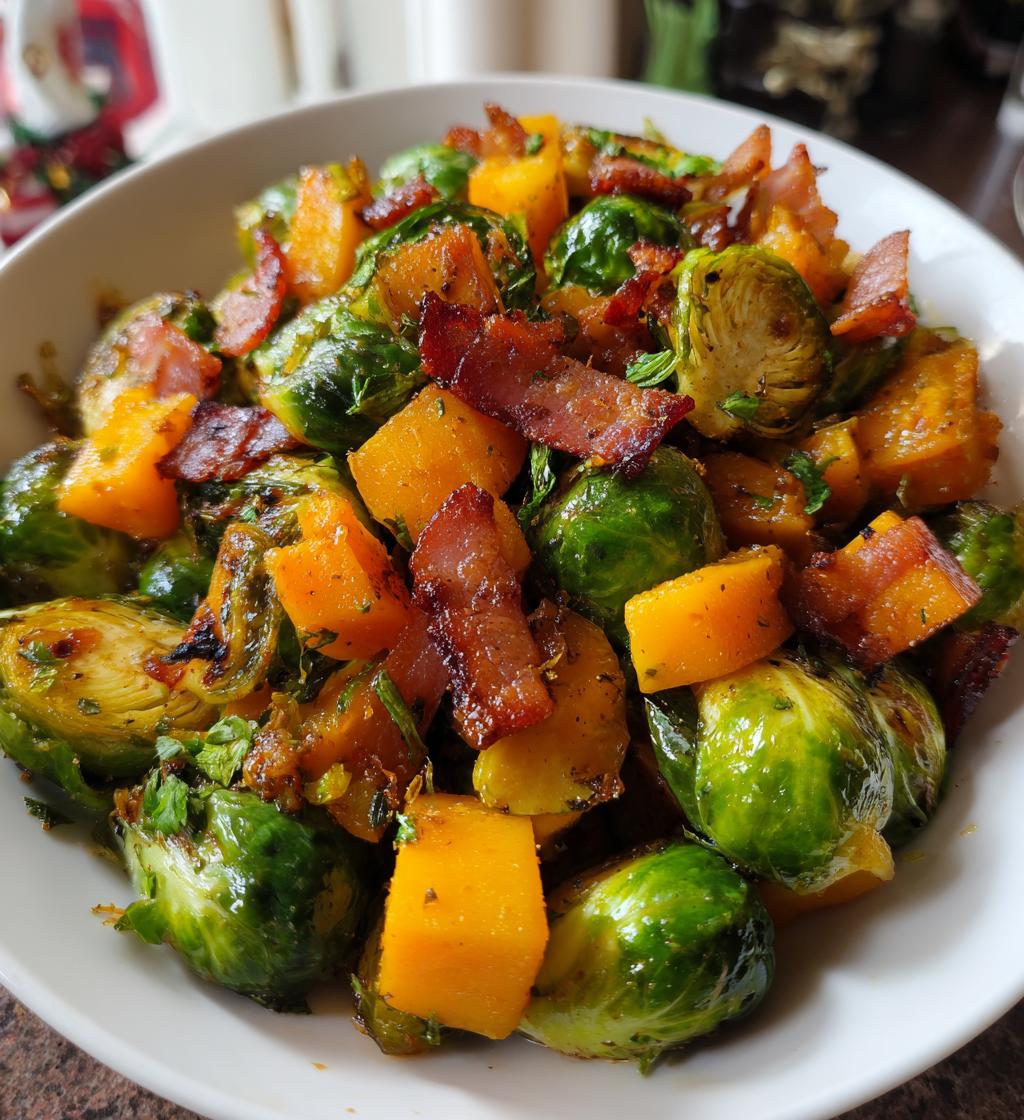 maple glazed brussels sprouts and butternut squash with bacon