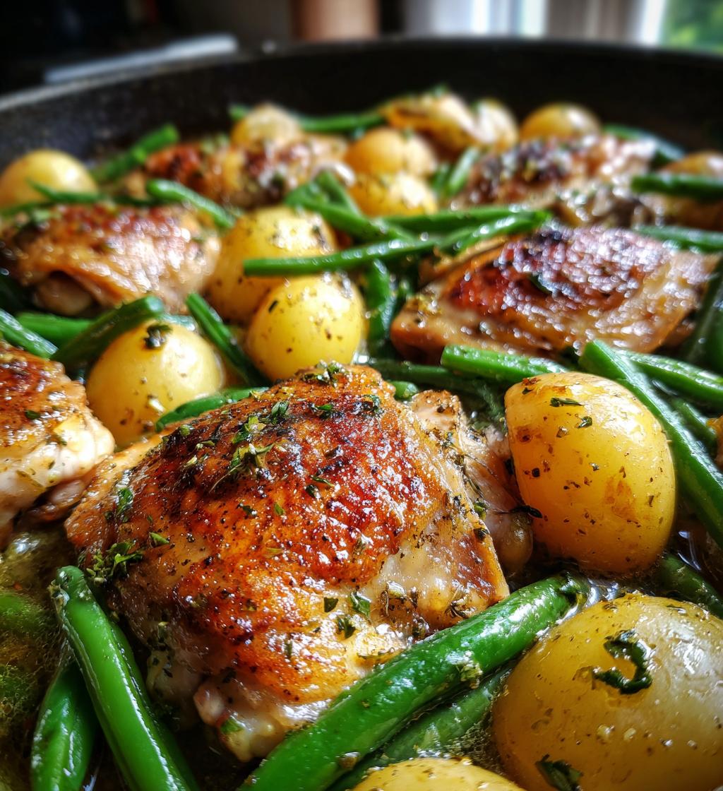 one pan garlic herb chicken with potatoes green beans