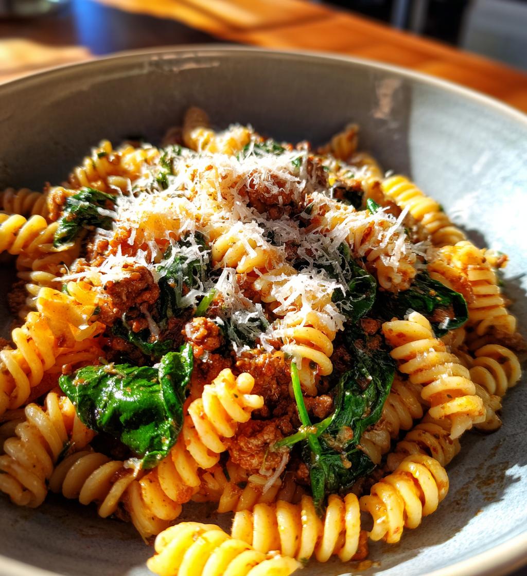 quick beef mince and spinach pasta