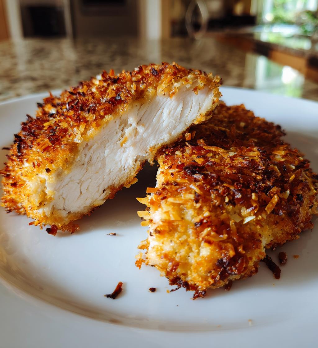 air fryer coconut crusted chicken breast - detail 1