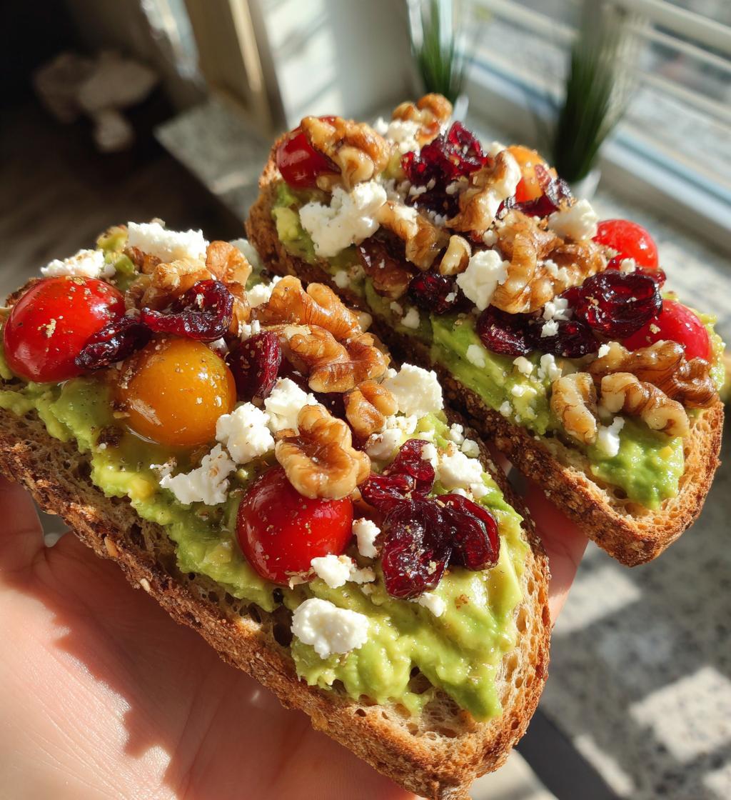 avocado toast with feta cheese cherry tomatoes cranberries and walnuts