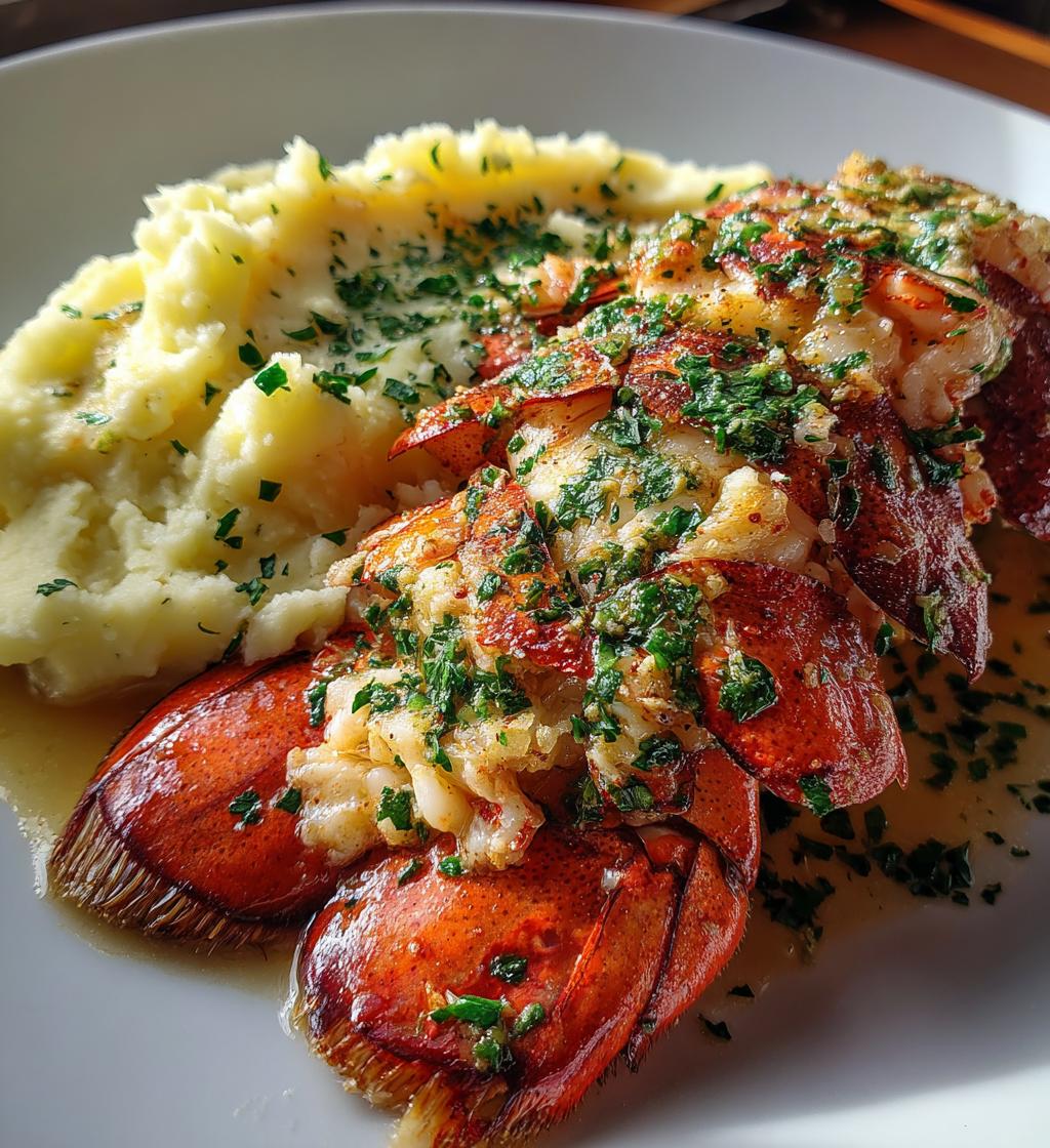 baked lobster tails with garlic herb butter sauce and mashed potatoes - detail 1