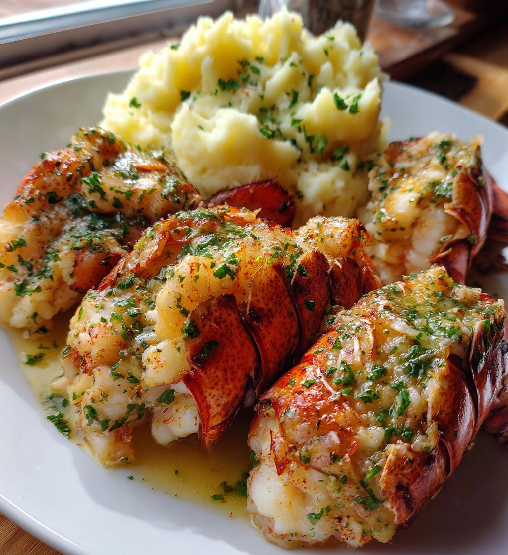 baked lobster tails with garlic herb butter sauce and mashed potatoes