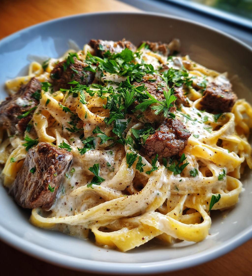 beef pasta in a creamy garlic sauce - detail 1