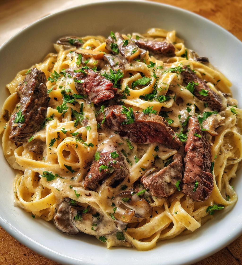 beef pasta in a creamy garlic sauce