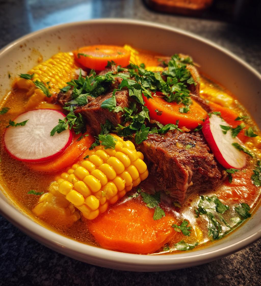 beef rib soup with carrots corn and radishes - detail 1