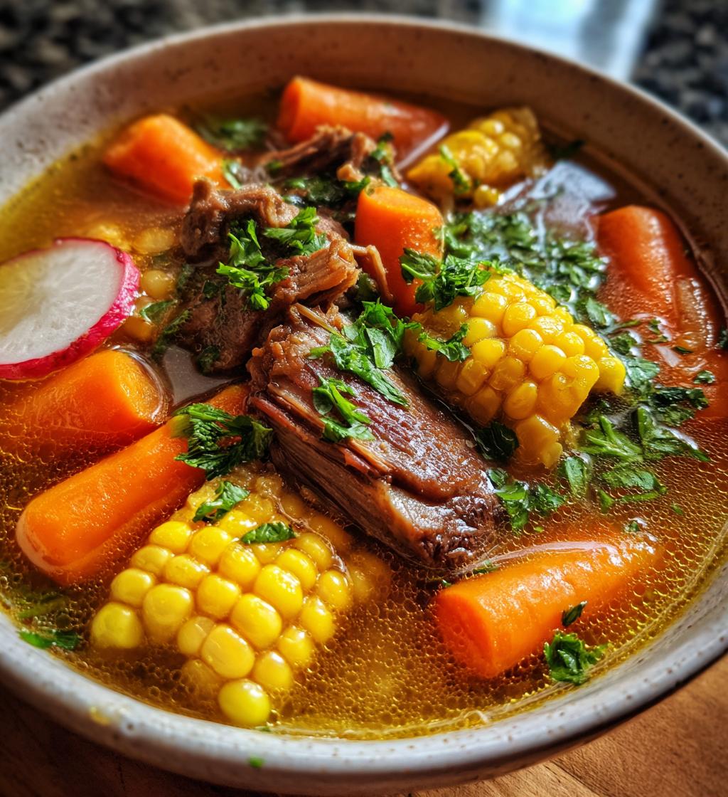 beef rib soup with carrots corn and radishes