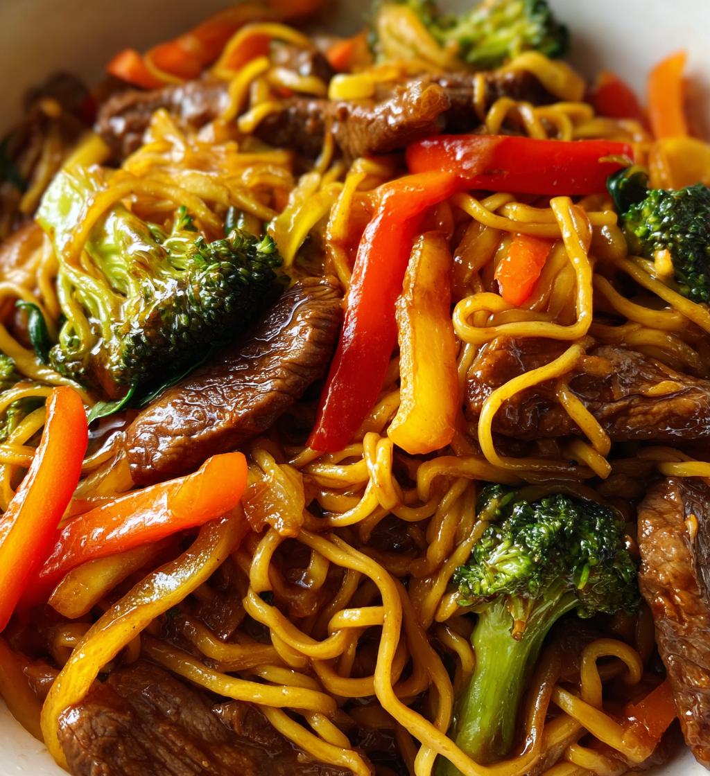beef stir fry with noodles and sticky sauce