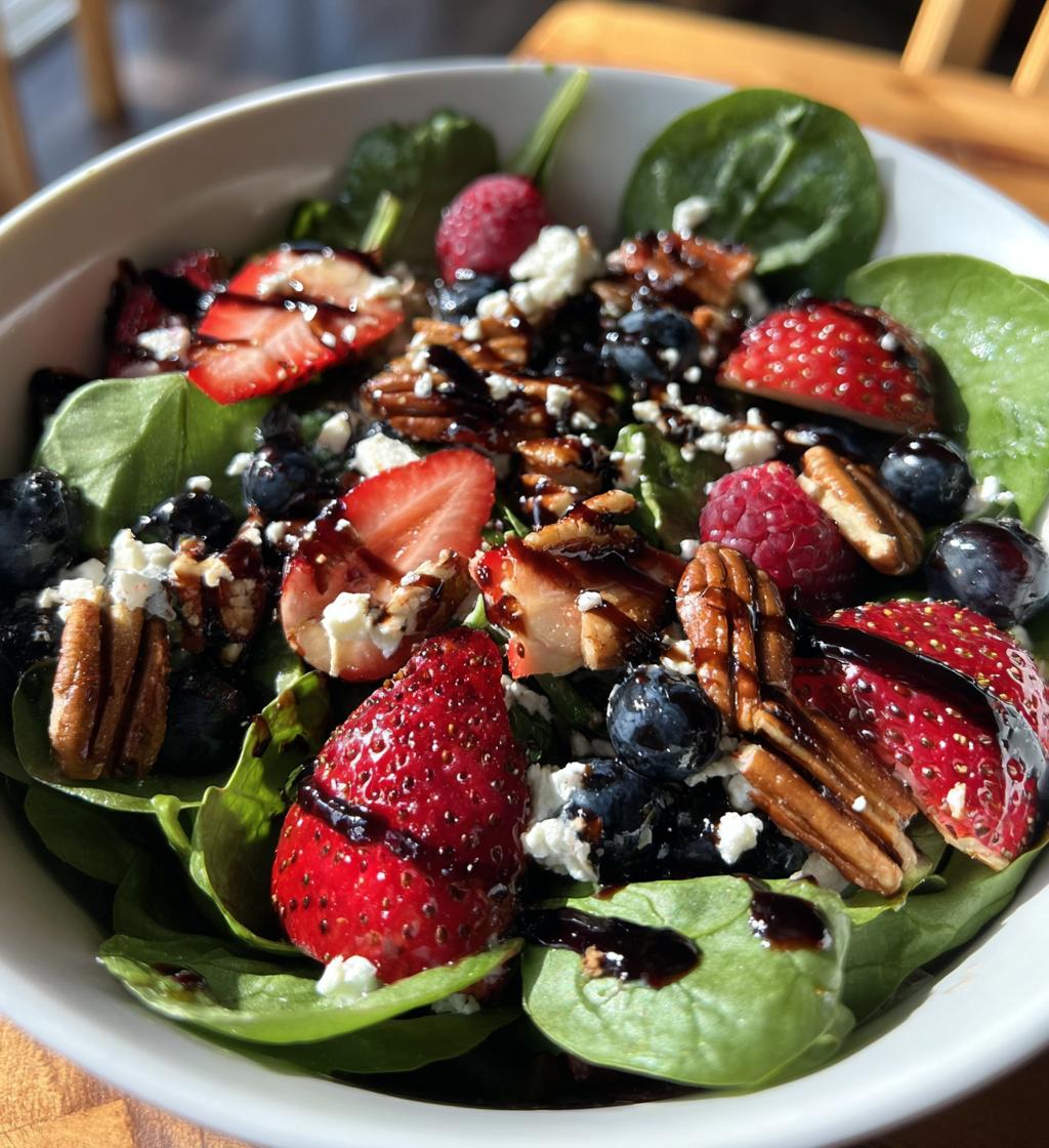 berry spinach salad with pecans feta and balsamic glaze - detail 1
