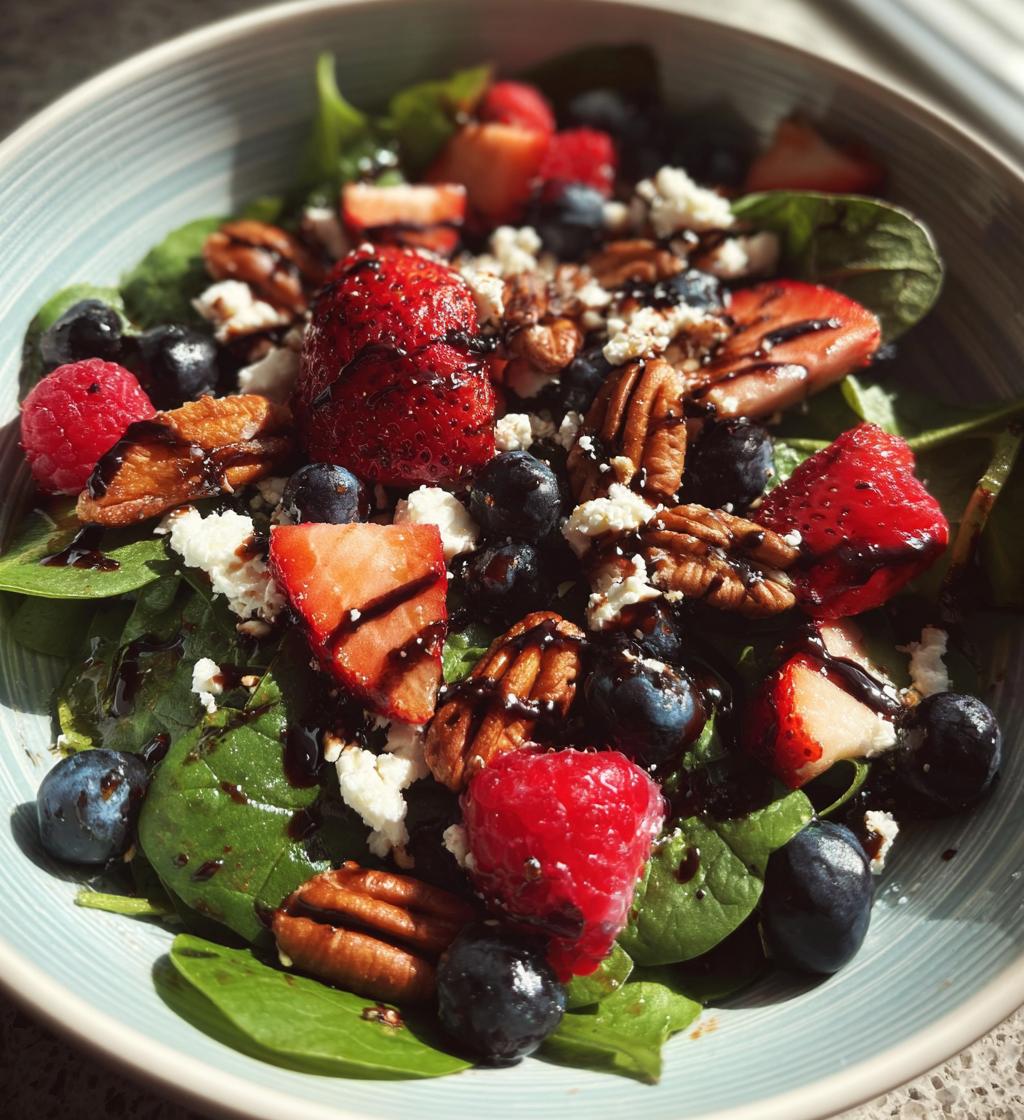 berry spinach salad with pecans feta and balsamic glaze