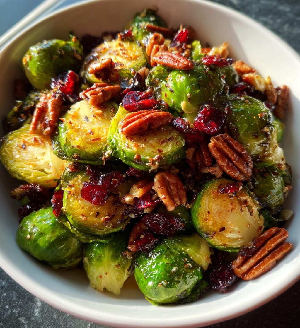 brussels sprouts with bacon pecans and cranberries - detail 1