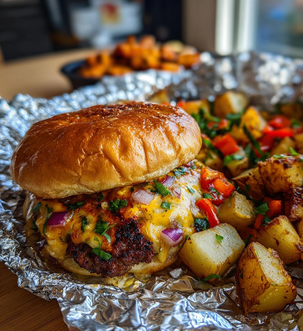 cheeseburgers in foil with veggies and potatoes - detail 1