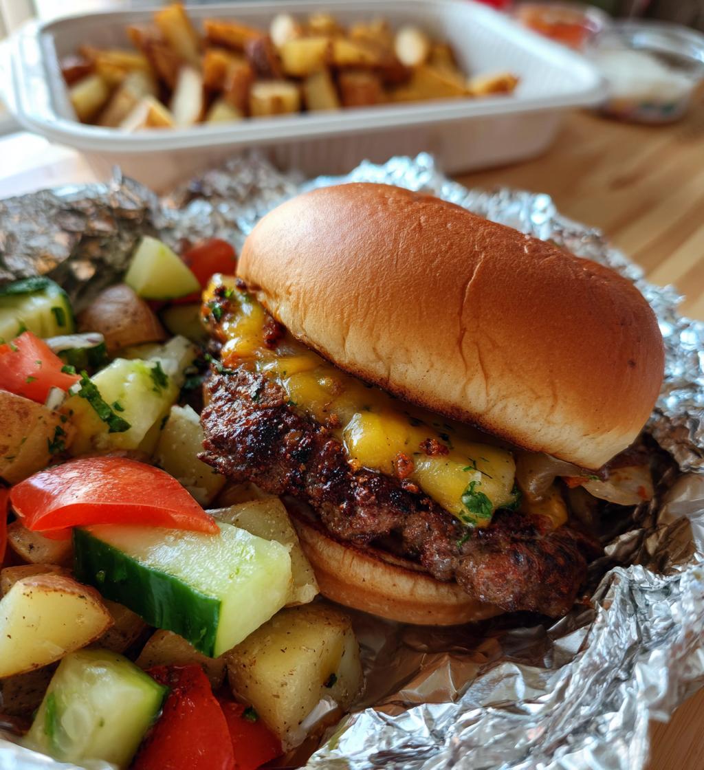 cheeseburgers in foil with veggies and potatoes