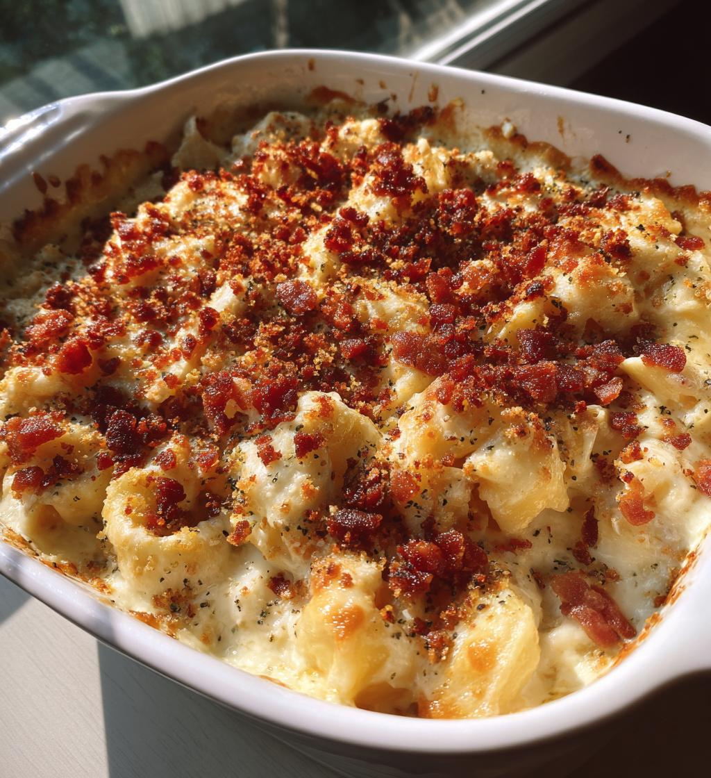 cheesy alfredo tortellini bake with crispy bacon crumble - detail 1