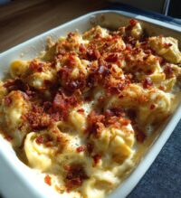 cheesy alfredo tortellini bake with crispy bacon crumble
