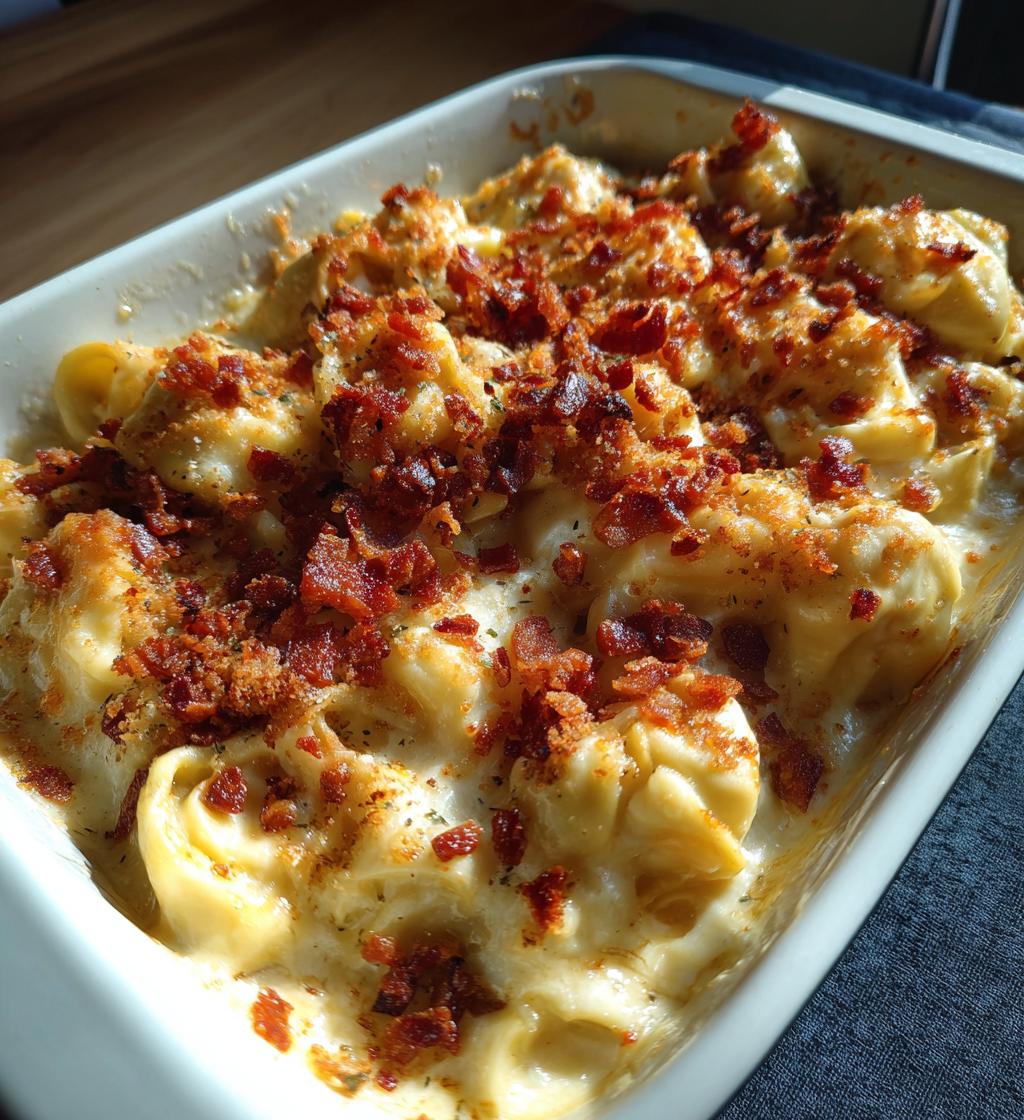 cheesy alfredo tortellini bake with crispy bacon crumble