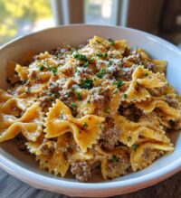 cheesy beef and bowtie pasta in garlic butter