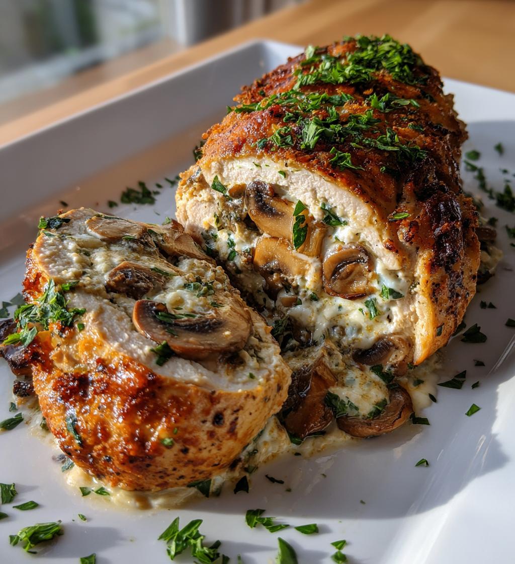 cheesy garlic butter mushroom stuffed chicken - detail 1