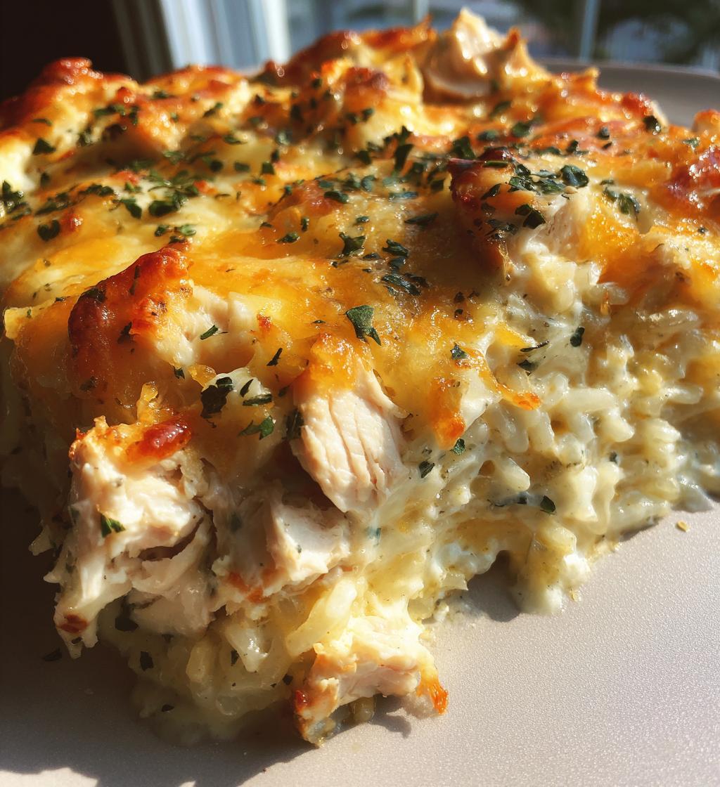 cheesy garlic chicken and rice bake with parmesan cream sauce