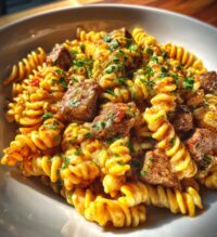 cheesy steak bites and rotini pasta