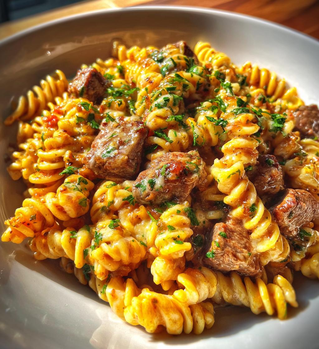 cheesy steak bites and rotini pasta