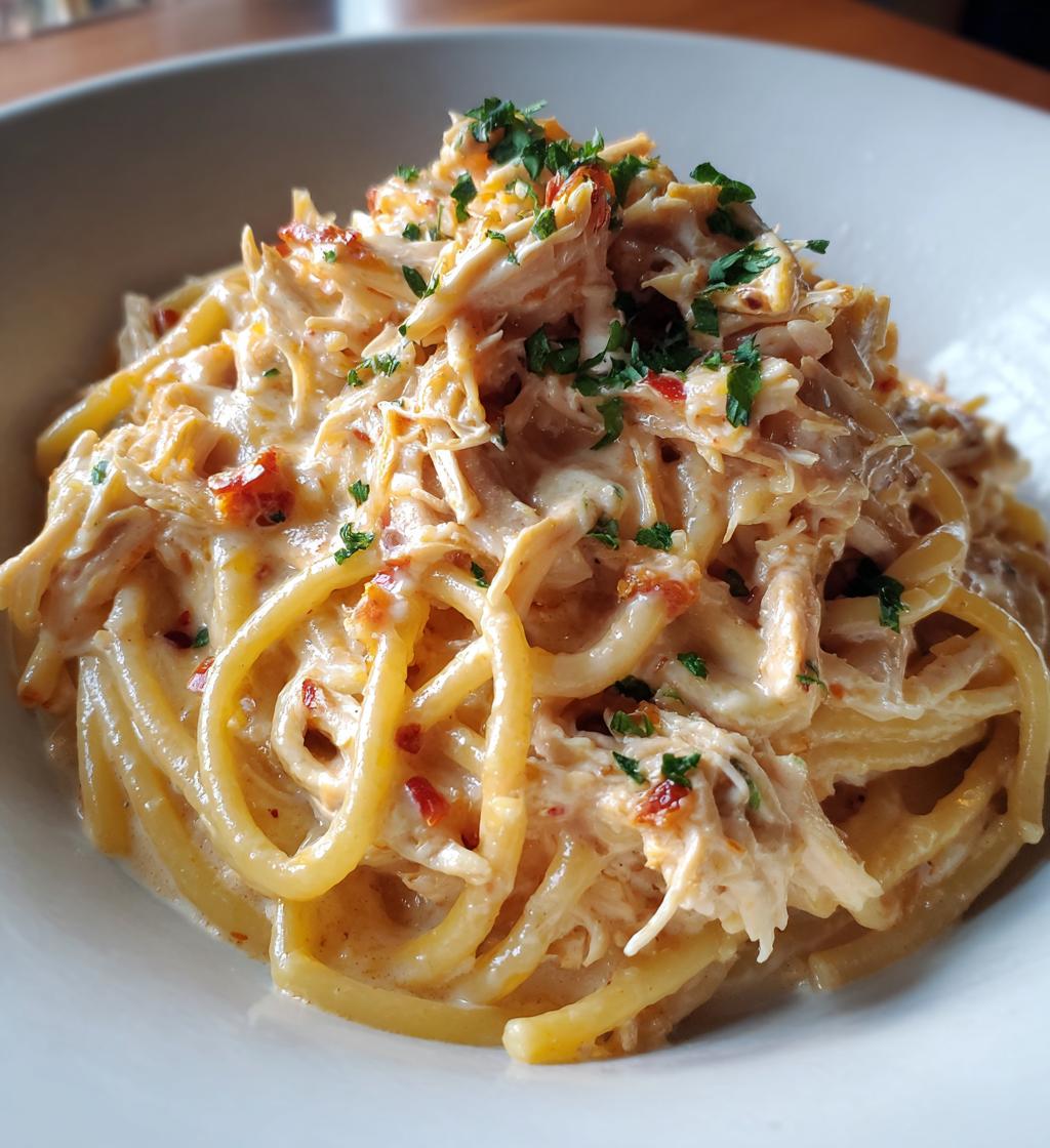 creamy crockpot chicken spaghetti - detail 1