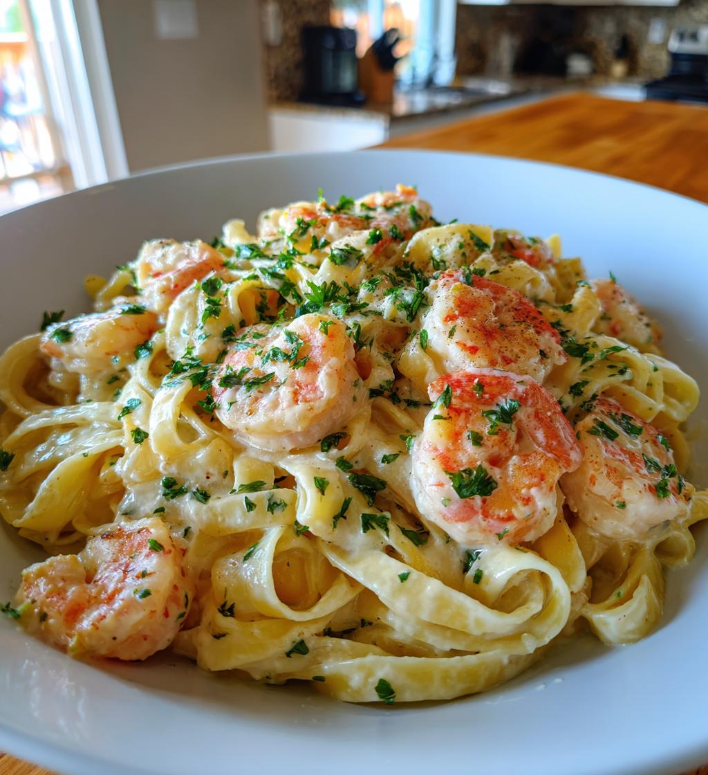 creamy garlic shrimp pasta - detail 1