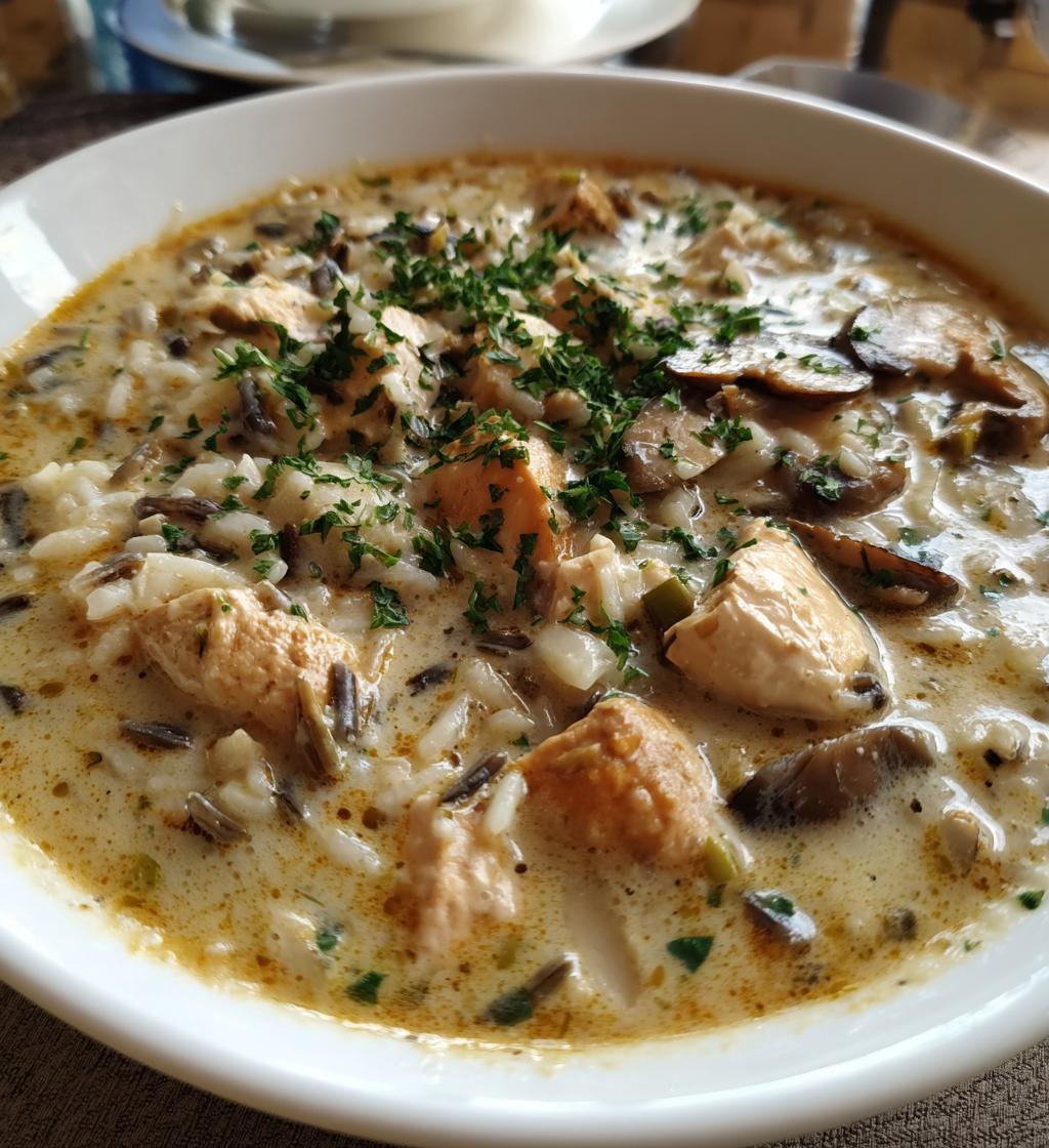 creamy mushroom chicken and wild rice soup - detail 1