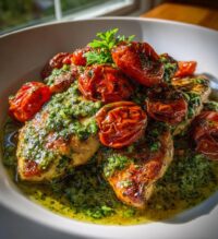 creamy pesto chicken with roasted tomatoes