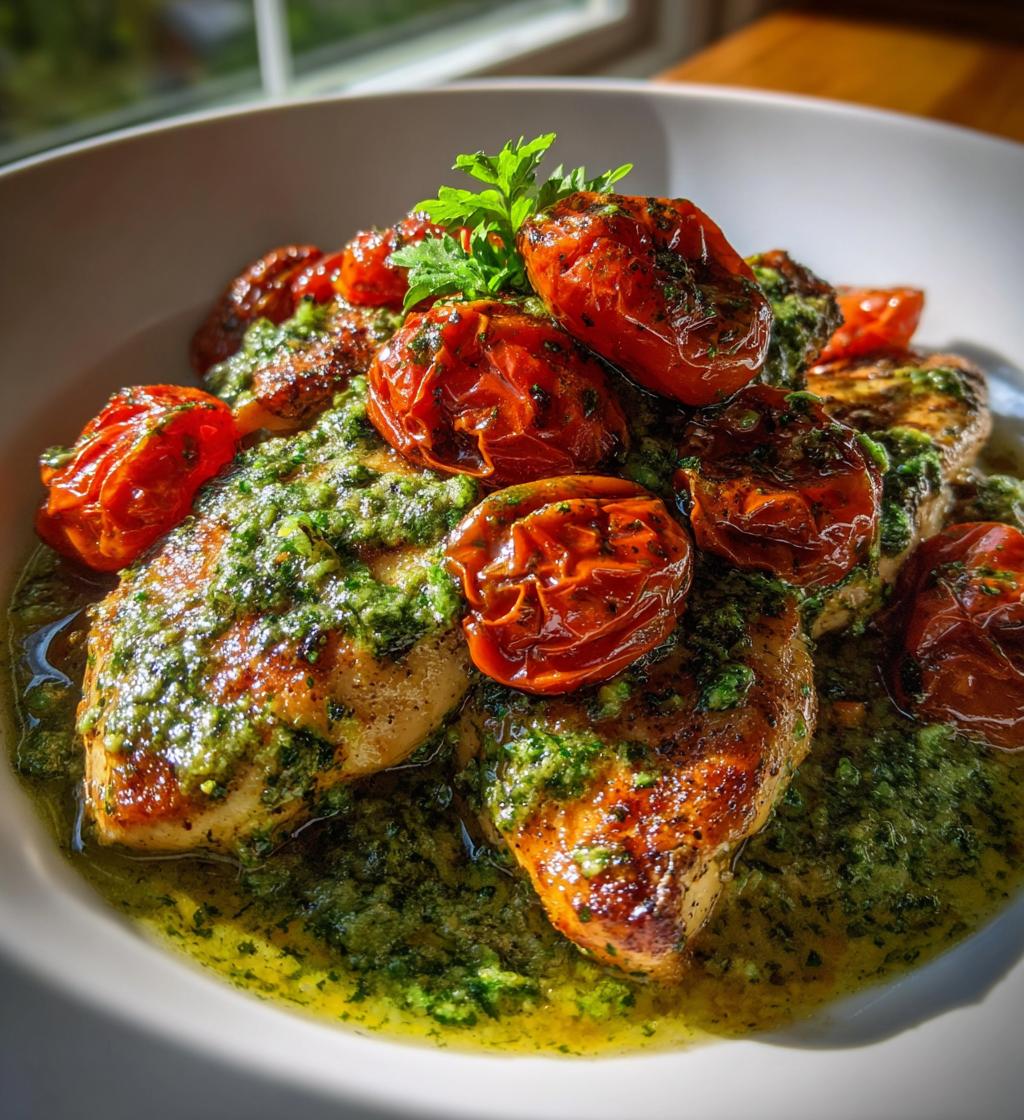 creamy pesto chicken with roasted tomatoes