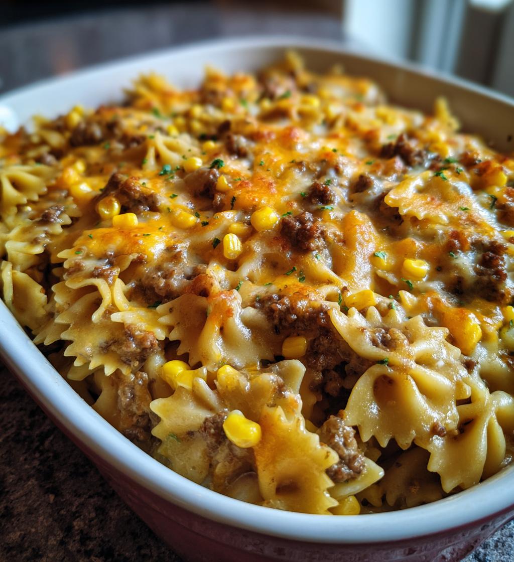 creamy ranch beef and sweet corn bowtie casserole - detail 1
