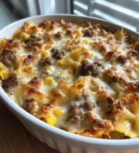 creamy ranch beef and sweet corn bowtie casserole