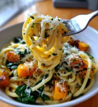 creamy roasted butternut squash pasta with sausage and spinach