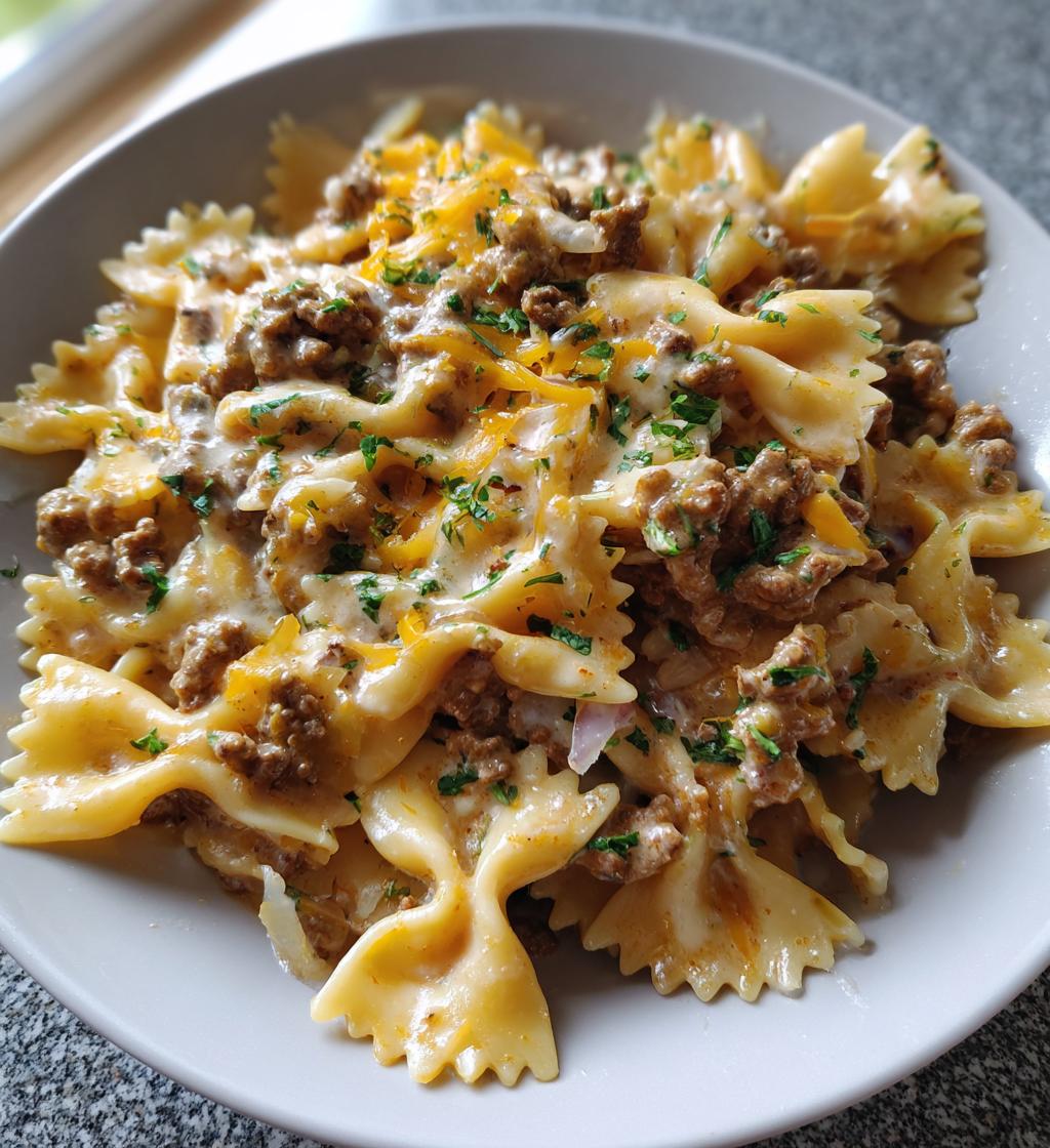 creamy velveeta beef bowtie pasta - detail 1