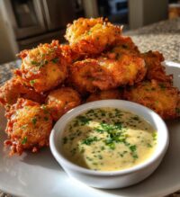 crispy crawfish beignets with jalapeno cheddar dip