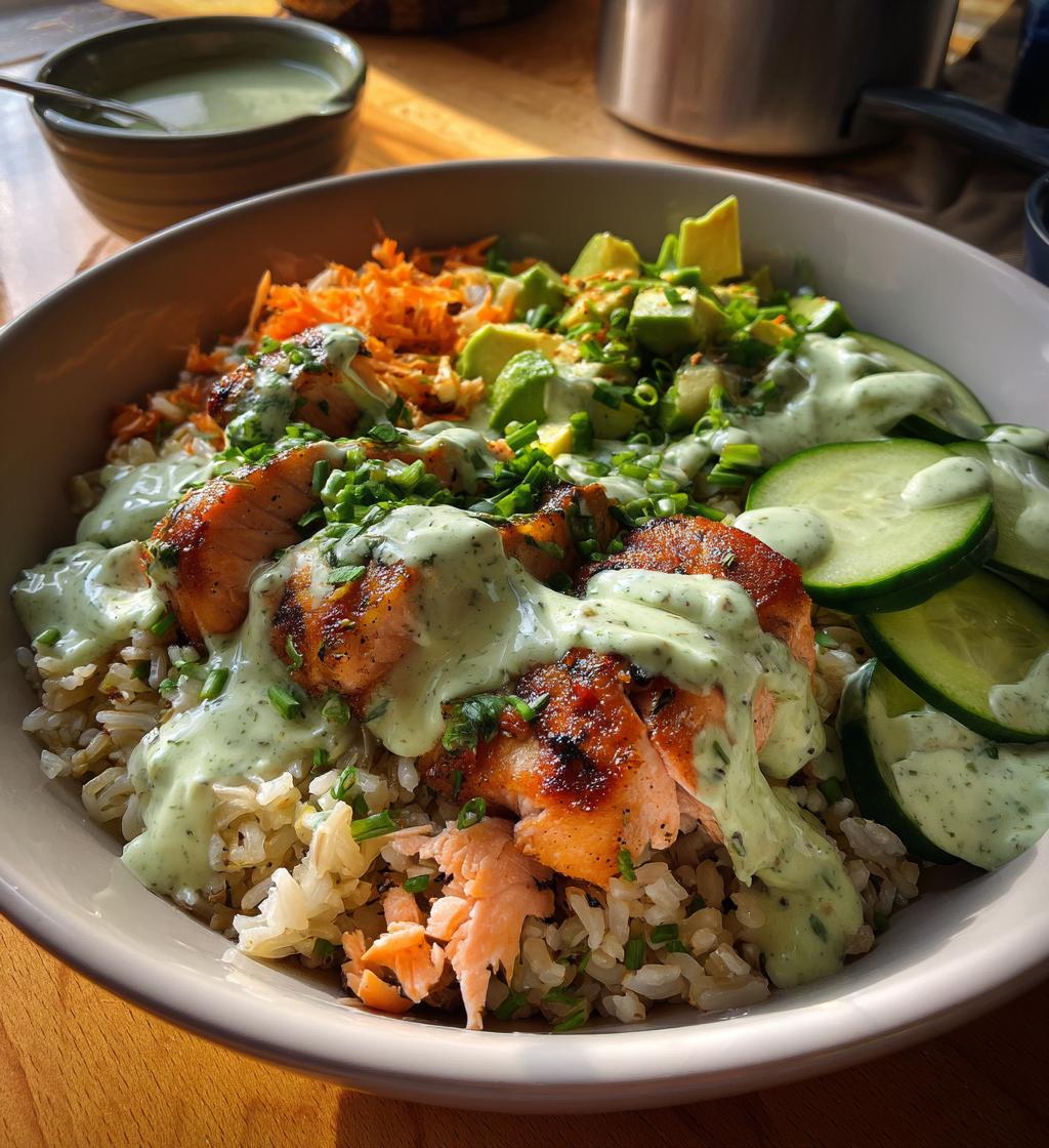 crunchy brown rice salmon bowls with herbed tahini dressing
