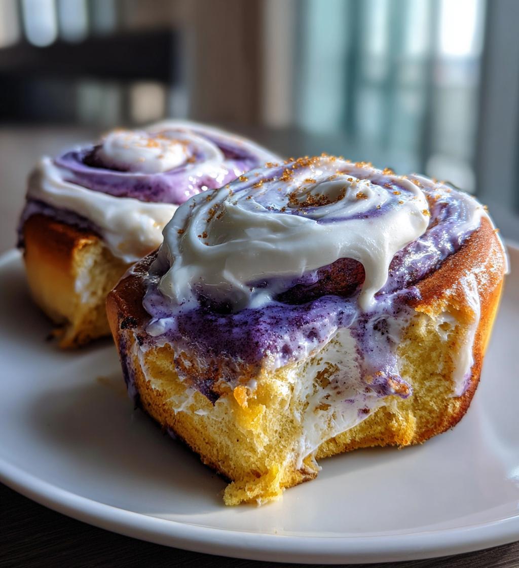 decadent ube cinnamon rolls with cream cheese frosting - detail 1