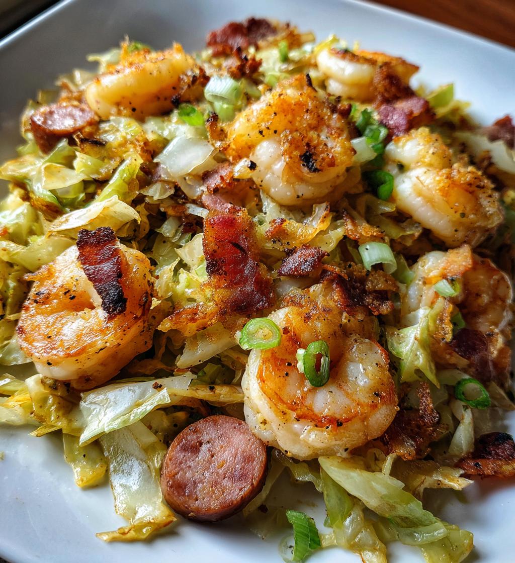 fried cabbage with shrimp sausage bacon - detail 1