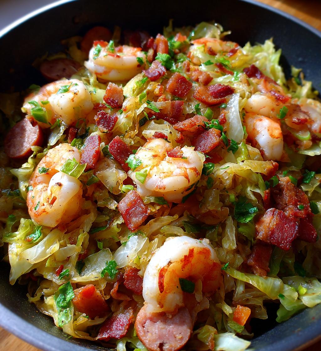 fried cabbage with shrimp sausage bacon