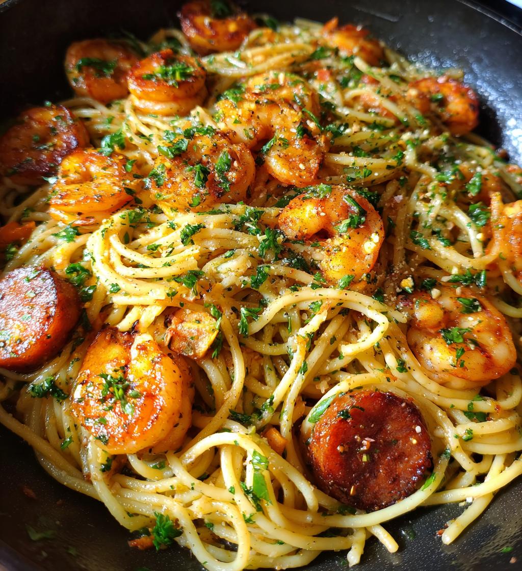 garlic butter shrimp and sausage skillet pasta - detail 1